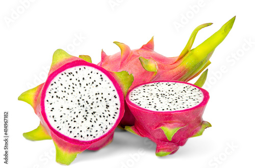 Dragon fruit is cut in half, the flesh is juicy white with black beads. isolated on white background