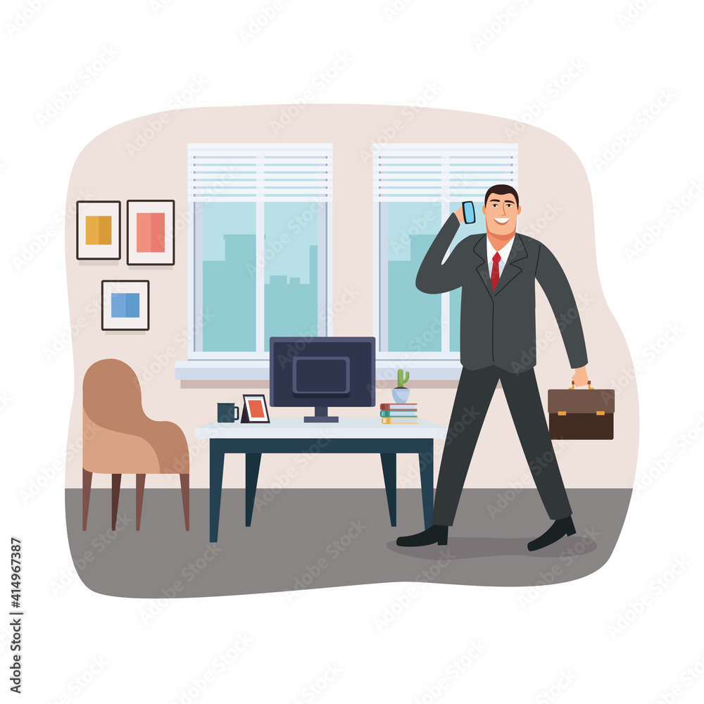 elegant businessman with portfolio walking in the office