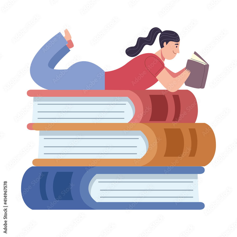 reader woman reading book lying down in pile books character