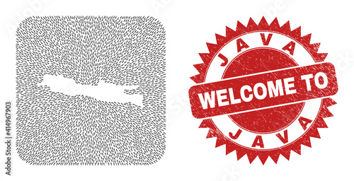Vector mosaic Java Island map of immigration arrows and rubber Welcome badge. Collage geographic Java Island map constructed as subtraction from rounded square shape with pointer arrows.