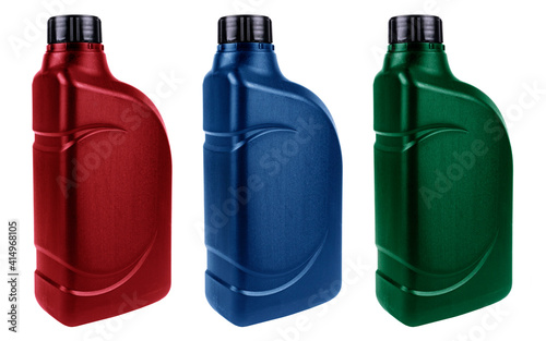 New three plastic oil canister isolated on white background with clipping path. Storage Tank. Canister for gasoline, diesel, gas. Plastic canister for technical liquids isolated over white