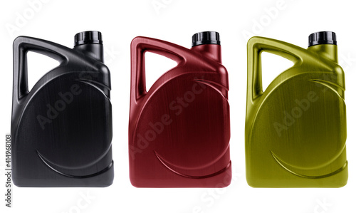 New three plastic oil canister isolated on white background with clipping path. Storage Tank. Canister for gasoline, diesel, gas. Plastic canister for technical liquids isolated over white