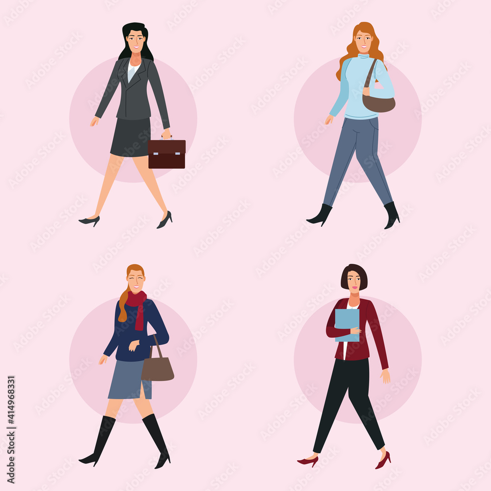 group of businesswomen walking back to office characters group of businesswomen walking back to office characters