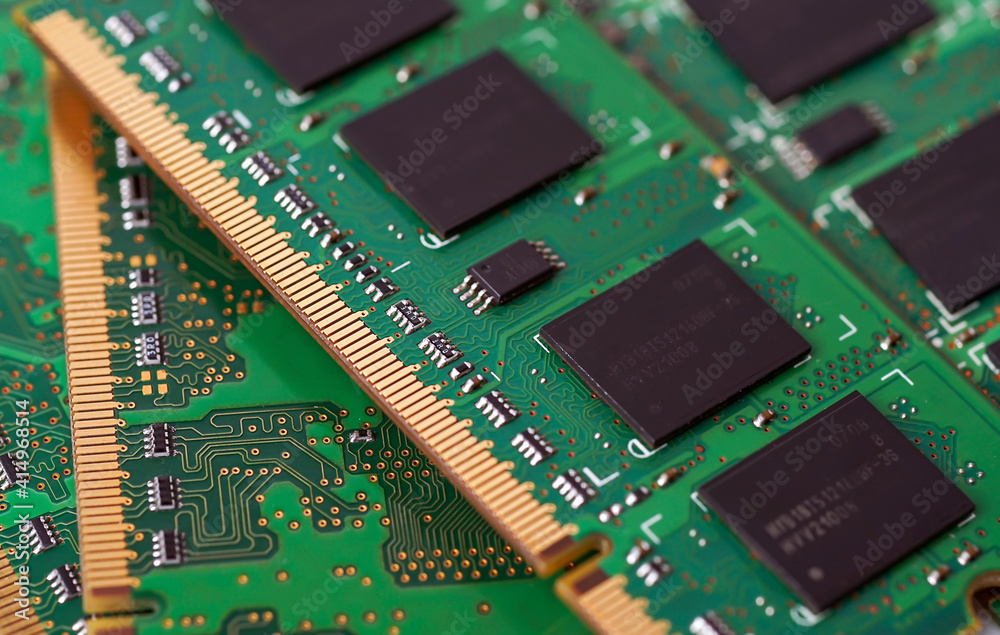 computer Memory ram module with SMD slides in macro.
computer Memory ram module with SMD slides in macro.