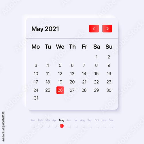 Calendar widget template. UI, UX, GUI layout for mobile and web application. Neumorphism concept design. Vector illustration