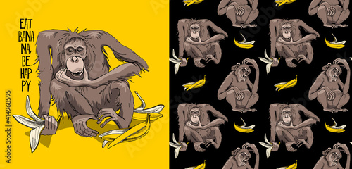 Set of print and seamless wallpaper pattern. Cute Monkey with the banana skins. Funny Cartoon Characters. Textile composition, t-shirt design, hand drawn style print. Vector illustration.