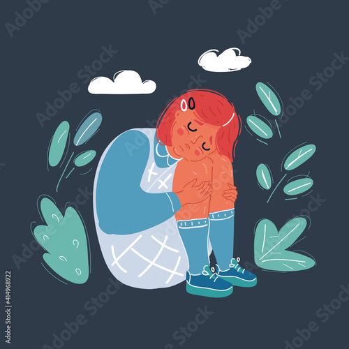 Vector illustration of Lonely and sad little girl crying