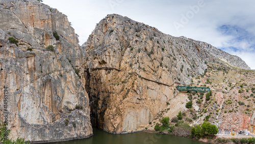 Panoramic view of El Caminito del Rey (The King's Little Path) walkway, pinned along the steep walls of a narrow gorge in El Chorro, near Ardales in the province of Málaga, Spain