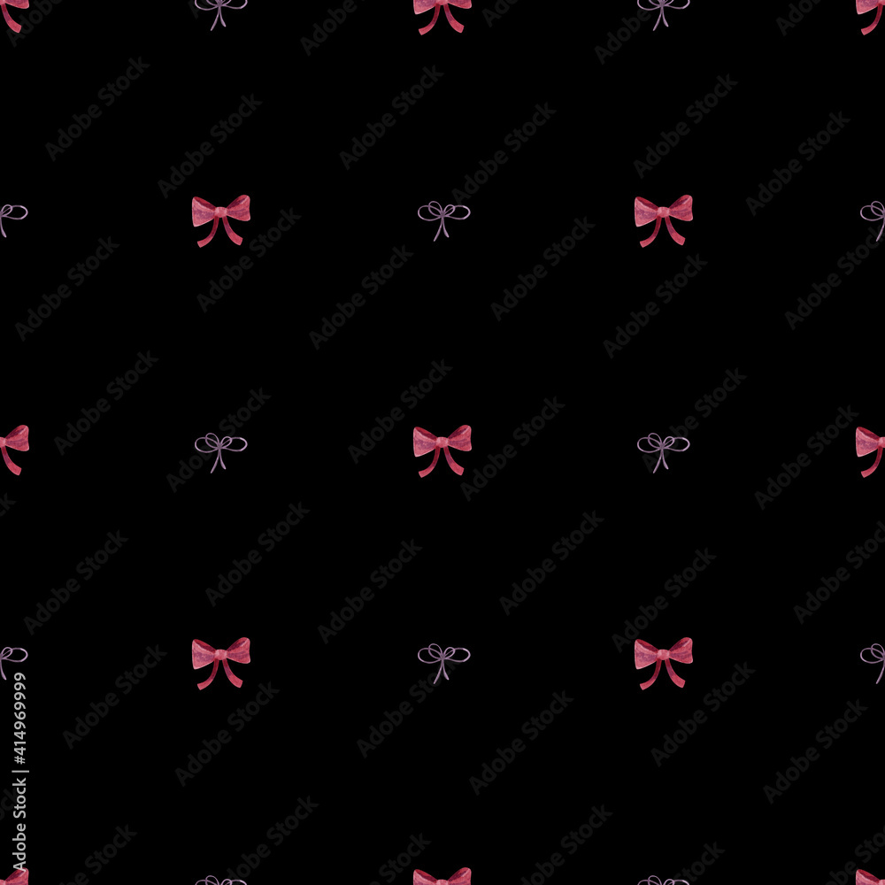 Pink watercolor bows on a black background. Strict solemn seamless pattern. Wrapping paper, fabric. Pink watercolor bows on a black background. Strict solemn seamless pattern. Wrapping paper, fabric.