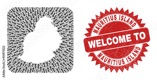 Vector collage Mauritius Island map of pointer arrows and scratched Welcome seal. Mosaic geographic Mauritius Island map constructed as hole from rounded square shape with pointer arrows.