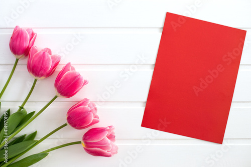Purple-pink tulips and a red sheet of paper on a white background, spring and Easter card, top view, space for text