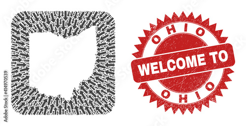 Vector mosaic Ohio State map of moving arrows and scratched Welcome seal stamp. Mosaic geographic Ohio State map created as stencil from rounded square with movement arrows.