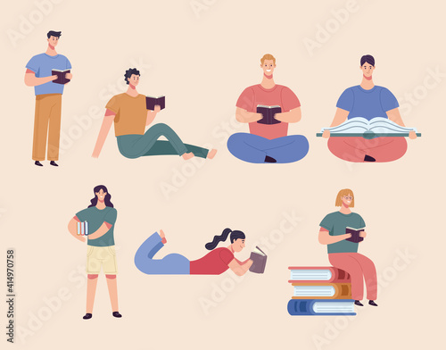 group of seven readers reading books characters