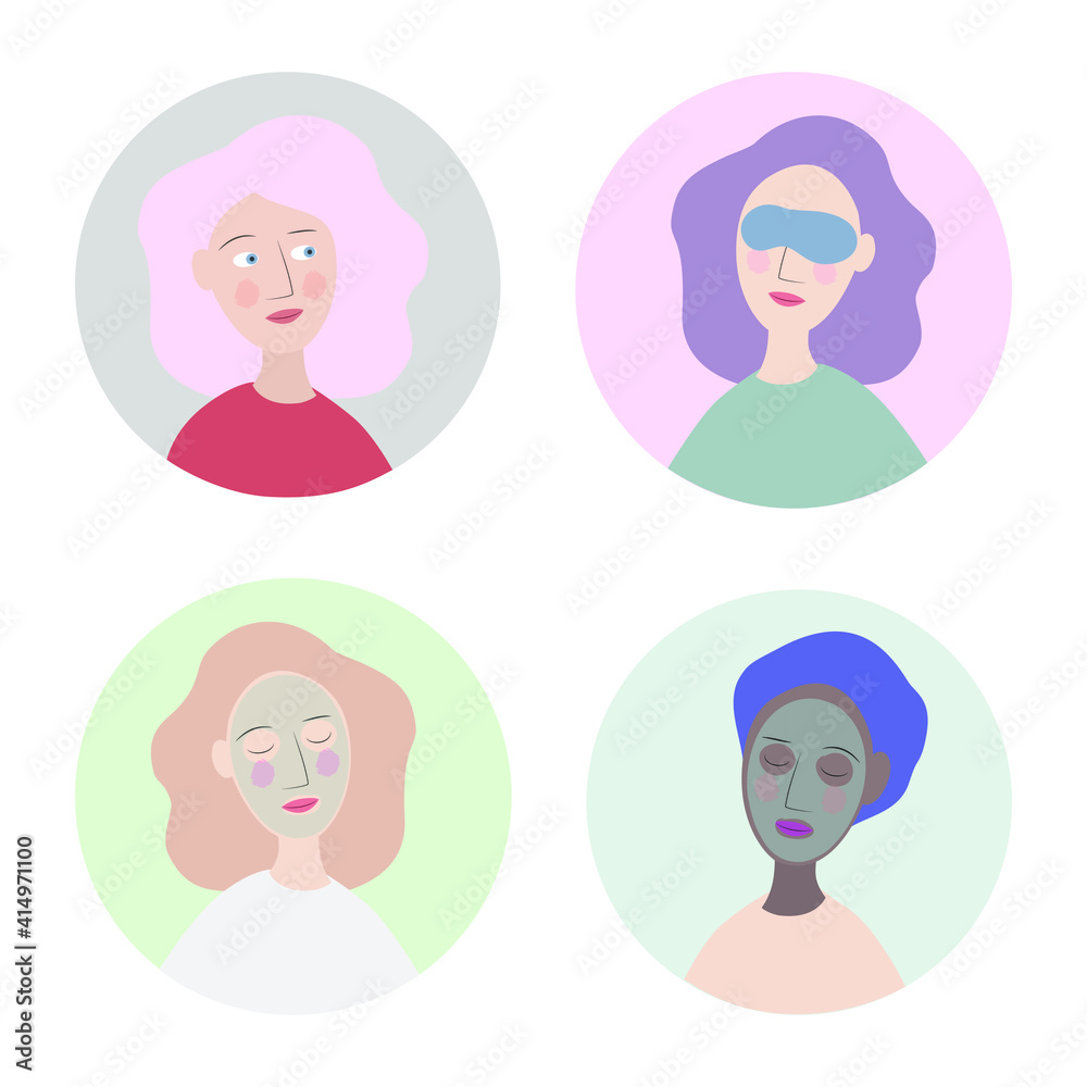 Graphic design illustration of girly me time skincare wellness self care beauty routine. Set of flat design female young women avatar icons. Salon procedure beauty regimen. wearing face mask, eye mask Graphic design illustration of girly me time skincare wellness self care beauty routine. Set of flat design female young women avatar icons. Salon procedure beauty regimen. wearing face mask, eye mask