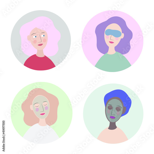 Graphic design illustration of girly me time skincare wellness self care beauty routine. Set of flat design female young women avatar icons. Salon procedure beauty regimen. wearing face mask, eye mask
