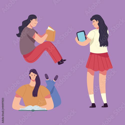 group of readers girls reading books characters
