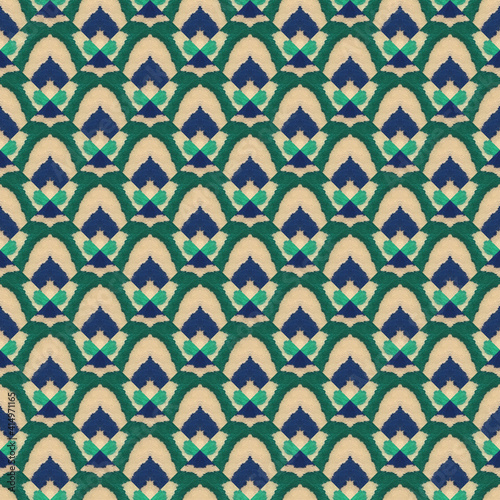 Japanese Watercolor Seamless Pattern. Tie-Dye, Wabi Sabi. Geometric Hand Painted Textile Design. Watercolor Brush Paint. Organic Geometric Female Winter Pattern. Textured Paint Brush Oriental Teal.