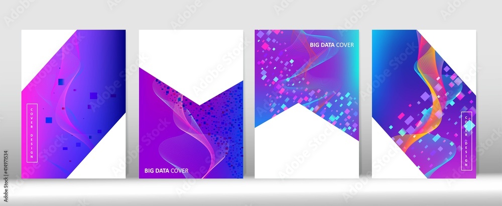 Music Covers Set. Big Data Tech Neon Background. Pink Purple Blue Punk Vector Cover