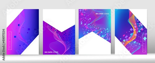 Music Covers Set. Big Data Tech Neon Background. Pink Purple Blue Punk Vector Cover