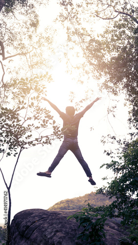 Blur,  Happy Young man jumping Have fun on Sky background.