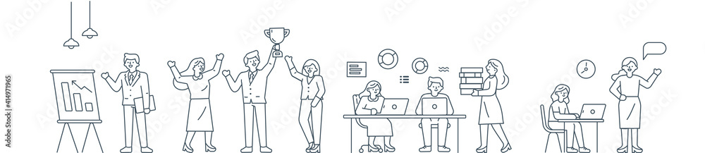 Outline drawing cartoon business people. Doodle characters. Vector illustration. Outline drawing cartoon business people. Doodle characters. Vector illustration.