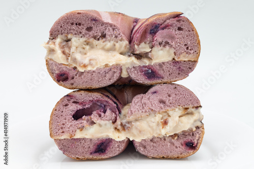 New York City Blueberry Bagel Cut in Half with Strawberry Cream Cheese