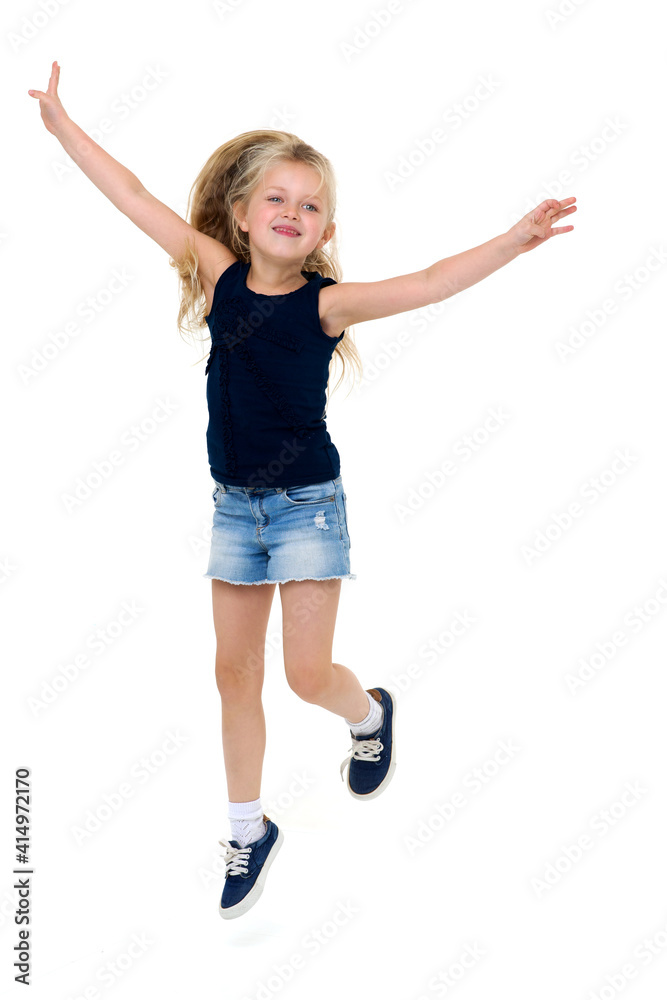Happy girl jumping with raising hands