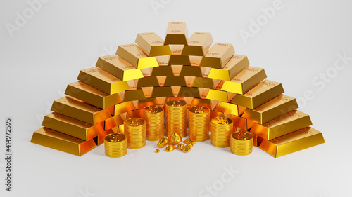 gold bars, gold coins  isolated white background,3d rendering banking