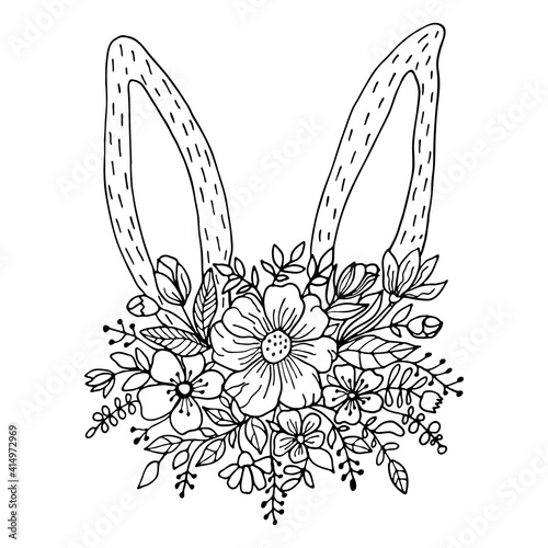 Cute black outline Easter bunny ears with flowers vector illustration. Rabbit and spring floral isolated on white background. Art in Scandinavian style.