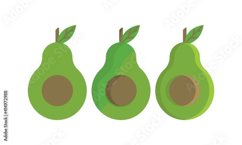 Bright vector set of colorful half, slice and whole of fresh avocado. Fresh cartoon avocados isolated on white background.
