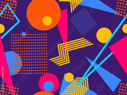 Memphis seamless pattern. Geometric elements memphis in the style of 80's. Trendy retro background for printing on paper, advertising materials and fabric. Vector illustration