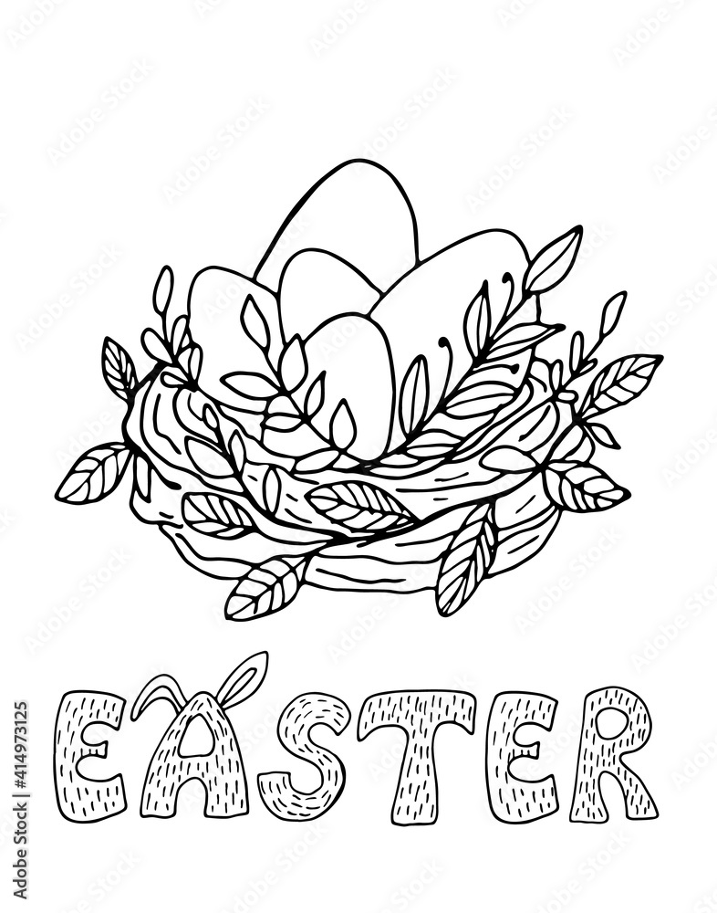 Fototapeta premium Black outline Easter card with twig nest, eggs and Easter sign. Monochrome vector illustration for cards, mugs, decor, shirt design, invitations. Farmhouse doodles.