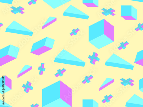 Memphis seamless pattern. Geometric elements memphis in the style of 80's. Background with isometric 3d objects, virtual reality for promotional products, wrapping paper. Vector illustration