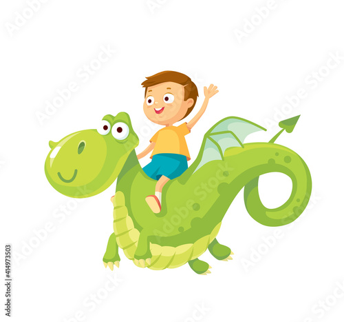 Vector image of cute little childish drawn sytle flying dragon dinosaur fairy tale cartoon character with little boy riding sitting on dragon back.