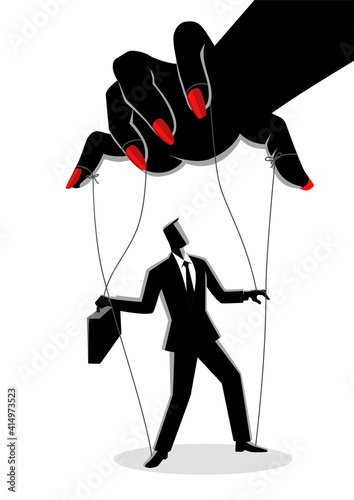 Businessman being control by a woman puppeteer