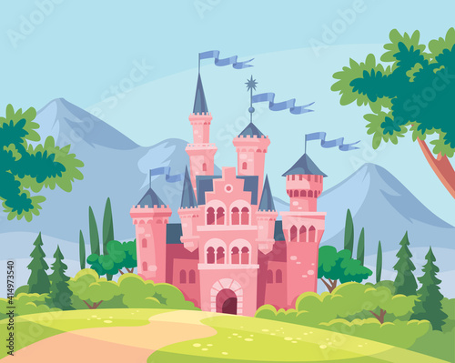 Vector illustration for children with fairy pink castle. Medieval fairytale magical magic fortress fort royal palace.