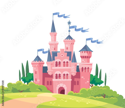 Vector illustration for children with fairy pink castle. Medieval fairytale magical magic fortress fort royal palace. © olgache