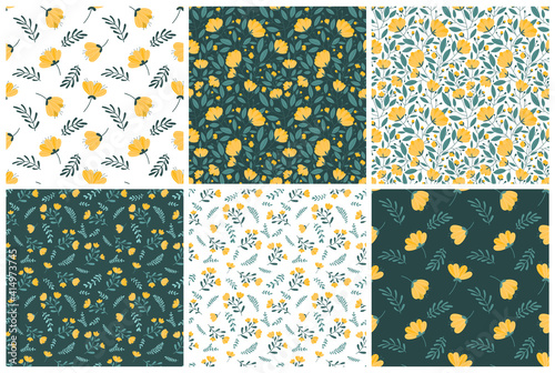 Set of seamless patterns with bright yellow flowers on a dark green and white background.