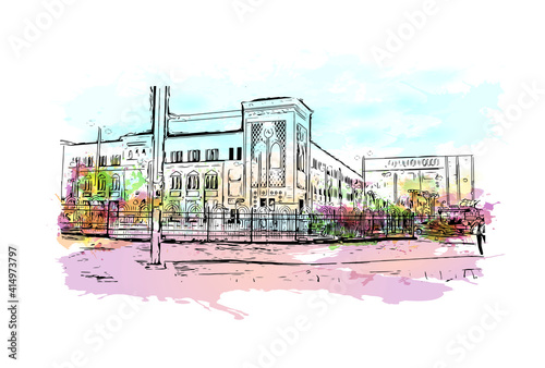 Building view with landmark of Cairo is the
capital of Egypt. Watercolour splash with hand drawn sketch illustration in vector.