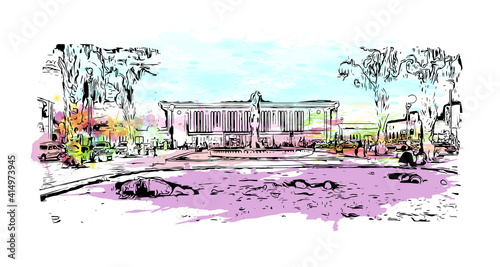 Building view with landmark of Cairo is the
capital of Egypt. Watercolour splash with hand drawn sketch illustration in vector.