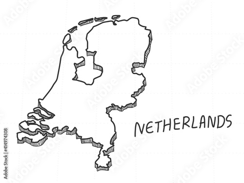 Hand Drawn of Netherlands 3D Map on White Background. 