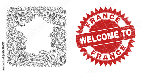 Vector collage France map of movement arrows and rubber Welcome seal. Collage geographic France map created as hole from rounded square using movement arrows.
