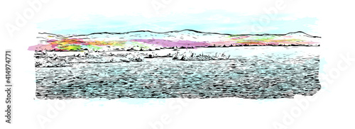 Building view with landmark of Cairo is the
capital of Egypt. Watercolour splash with hand drawn sketch illustration in vector.