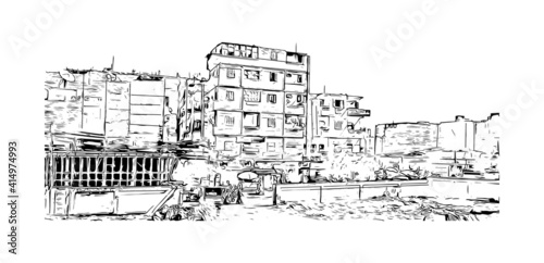 Building view with landmark of Cairo is the
capital of Egypt. Hand drawn sketch illustration in vector.