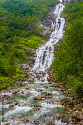Beautiful Hjellefossen waterfall Utladalen Øvre Årdal Norway. Most beautiful landscapes. photo