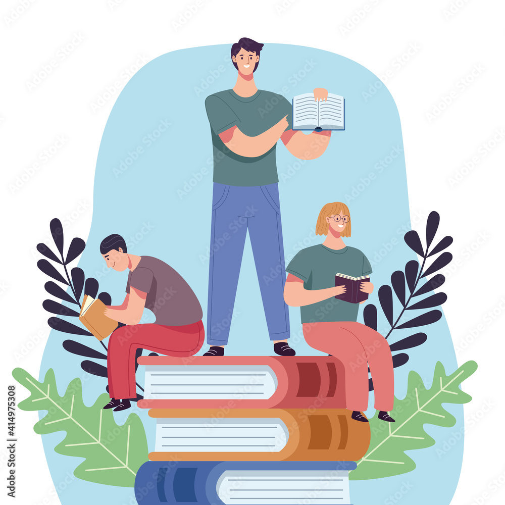 Fototapeta premium group of readers in pile books characters