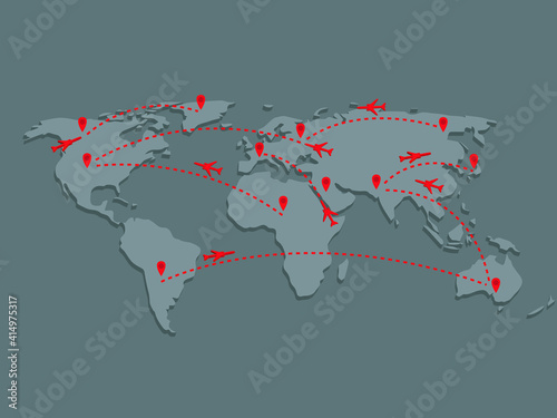 Grey World map with flying planes and red destination points.
Flights between continents and countries. Air travel all over the world. Route between America, Africa, Eurasia, Australia.