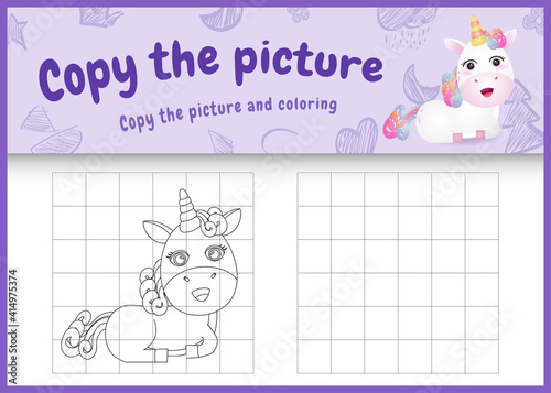 copy the picture kids game and coloring page with a cute unicorn character illustration