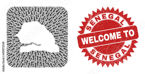 Vector mosaic Senegal map of movement arrows and rubber Welcome stamp. Mosaic geographic Senegal map created as carved shape from rounded square with motion arrows.