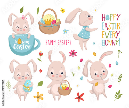Set of Easter elements with bunny  eggs  flowers. Hoppy Easter every bunny Vector illustration